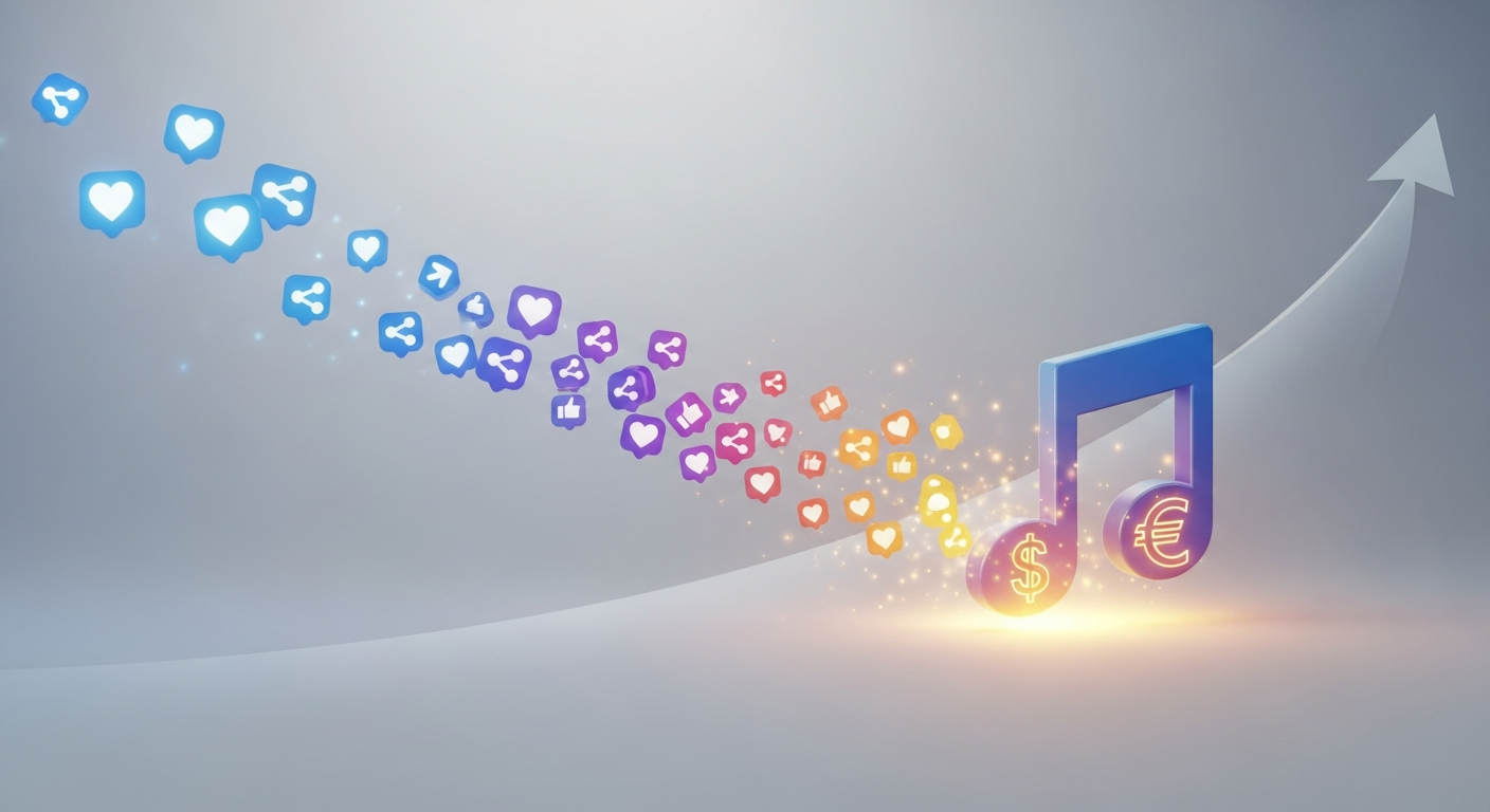 Visualizing fan engagement music leading to sustainable revenue, showing conversion of social media likes into artist career growth.