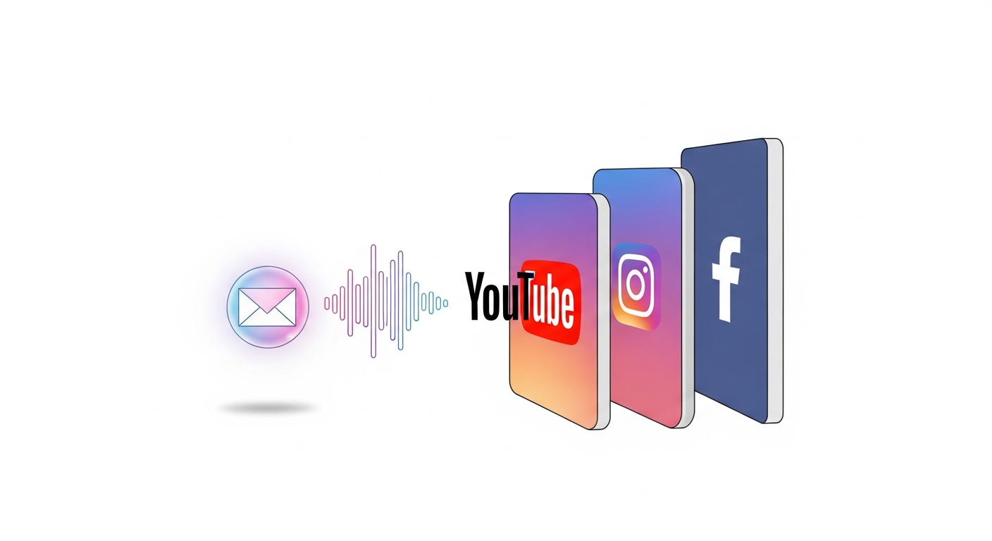 Visual representation of musicians tailoring content for different social media platforms, showing a single message adapting for TikTok, YouTube, Instagram, and Facebook.