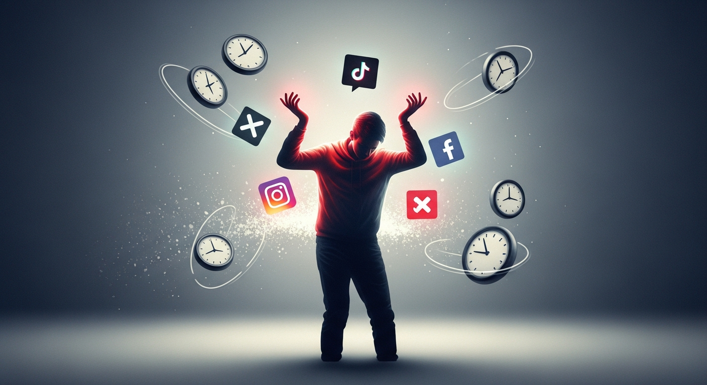 An independent artist struggling with multiple social media platforms, illustrating the challenges of managing promotion tools and the risk of burnout without efficient social media scheduling for musicians.