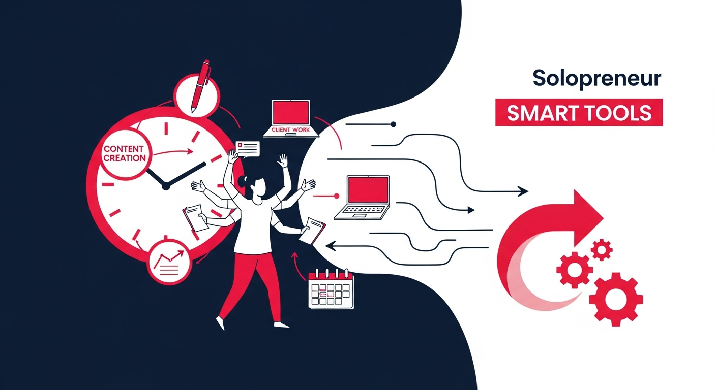 A solopreneur juggling multiple business tasks, symbolizing the challenge of time and resources, with smart solutions emerging.