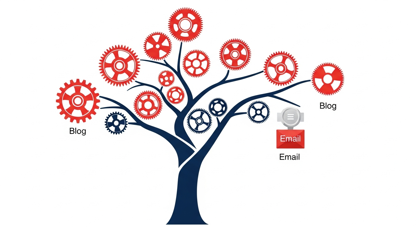 Interconnected gears and a branching tree symbolizing efficient content repurposing across multiple digital platforms for maximum reach.