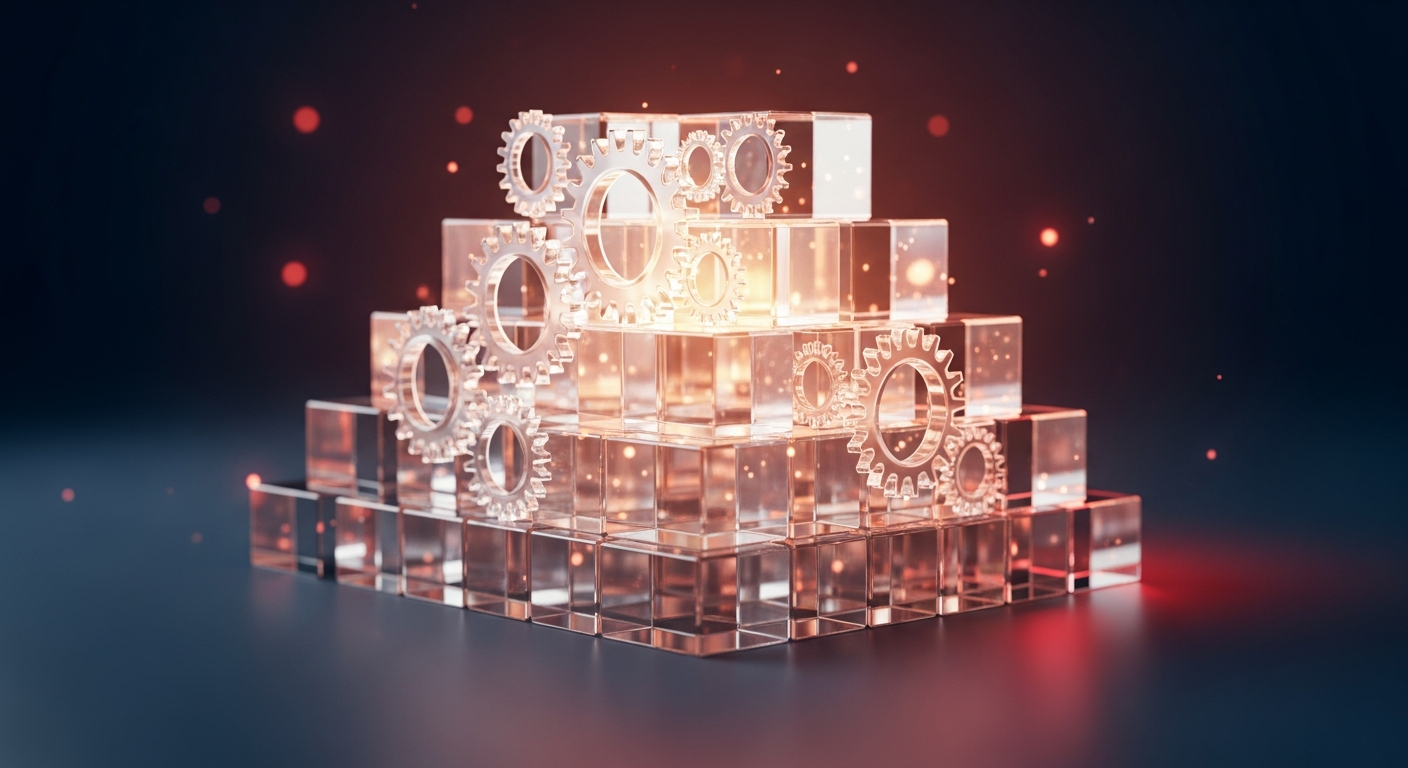 Interlocking digital gears forming a strong foundation, symbolizing the process of building online credibility and trust for solopreneurs.