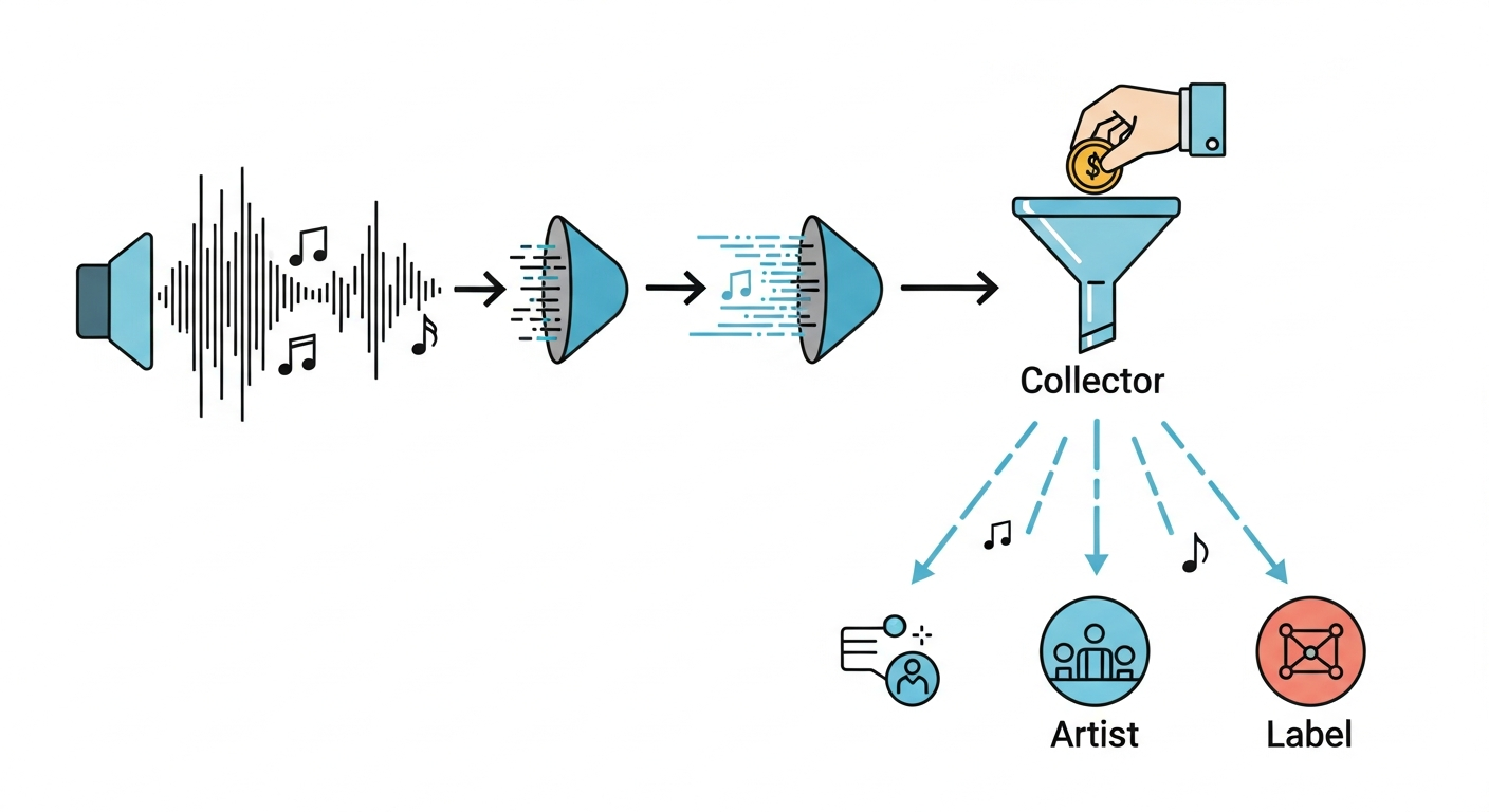 Diagram illustrating the collection and distribution process of digital performance royalties by SoundExchange.