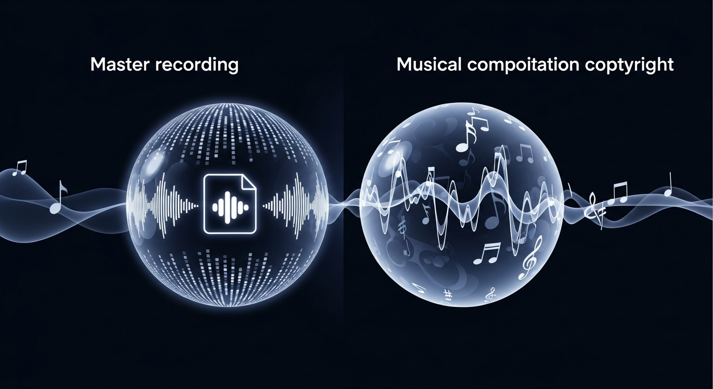 Visual representation distinguishing sound recording copyright (SoundExchange) from musical composition copyright (ASCAP/BMI) for digital performance royalties.