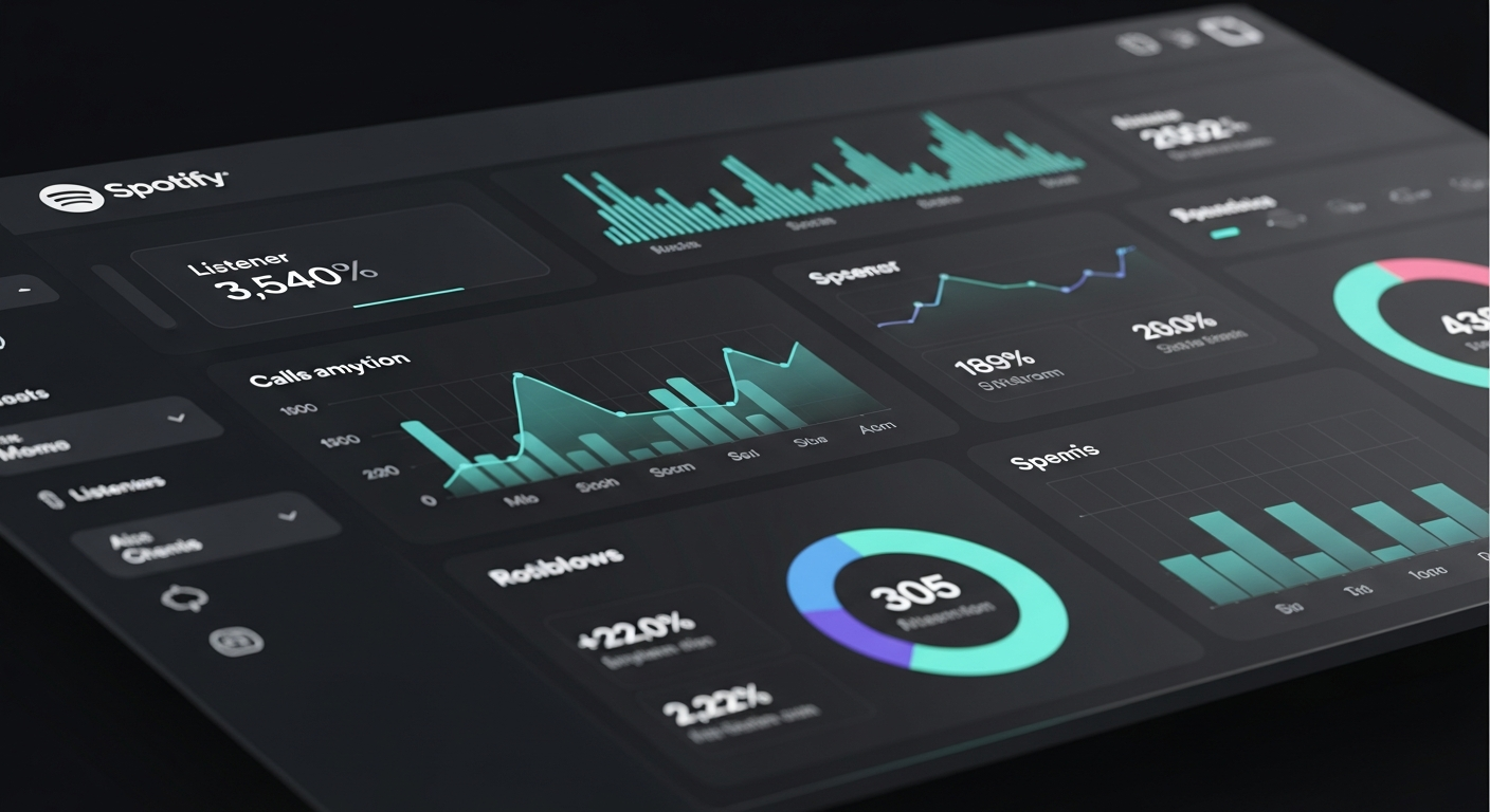 Illustration of a Spotify for Artists dashboard interface with abstract music analytics data visualizations