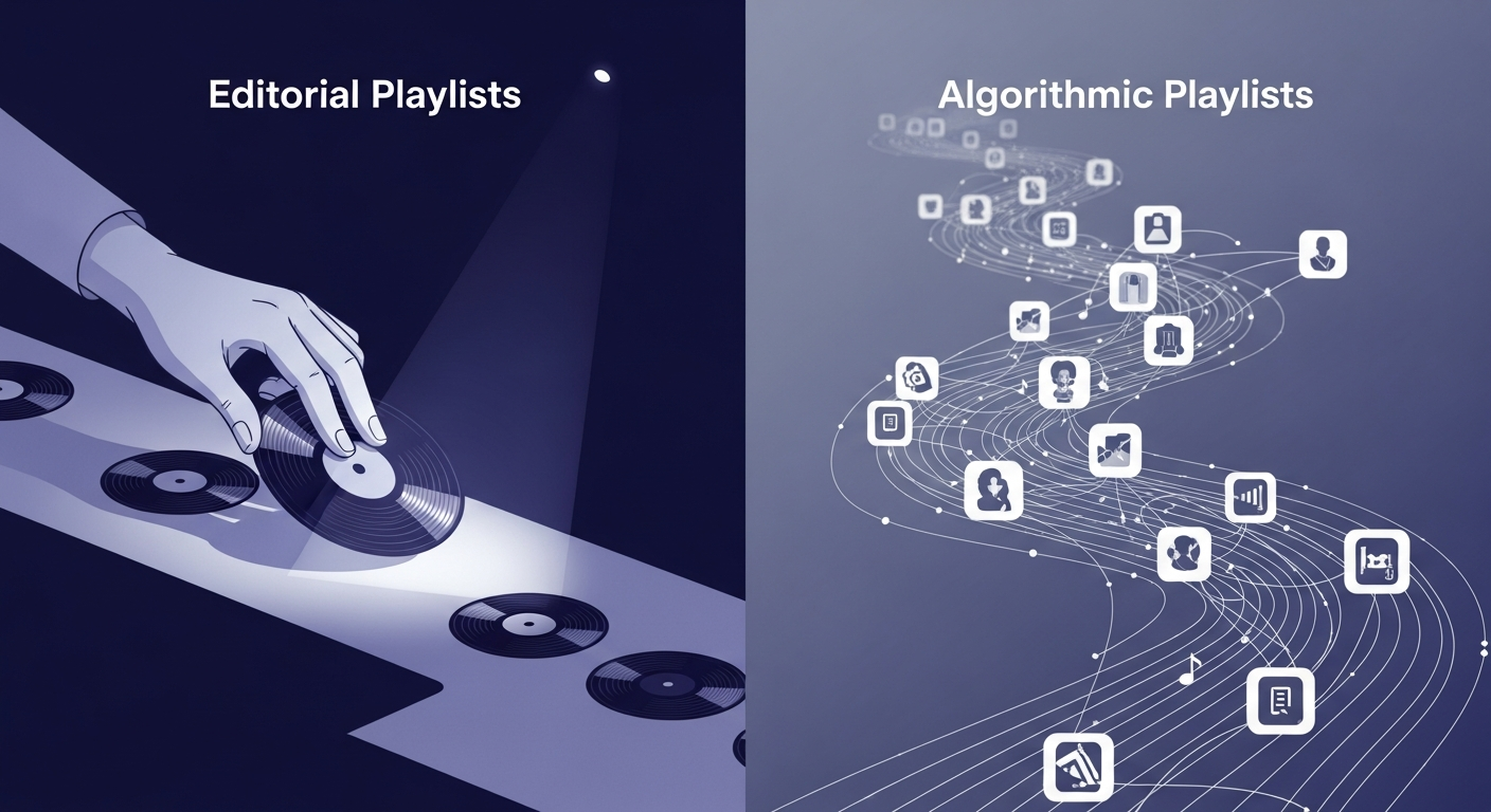 Understanding official Spotify editorial playlists versus algorithmic Spotify playlists for music discovery.
