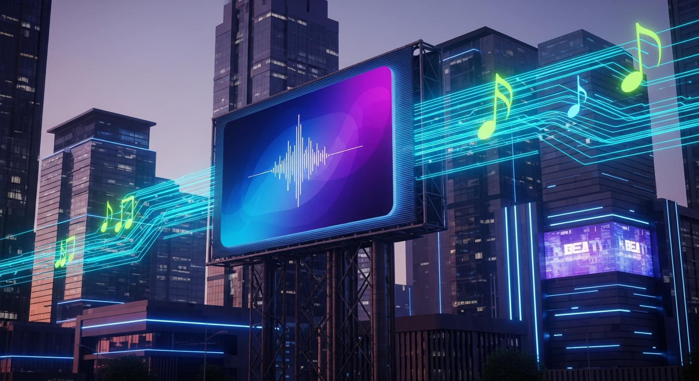 Digital billboard concept for Spotify promo cards, illustrating strategic music marketing and promotion tips for artists.
