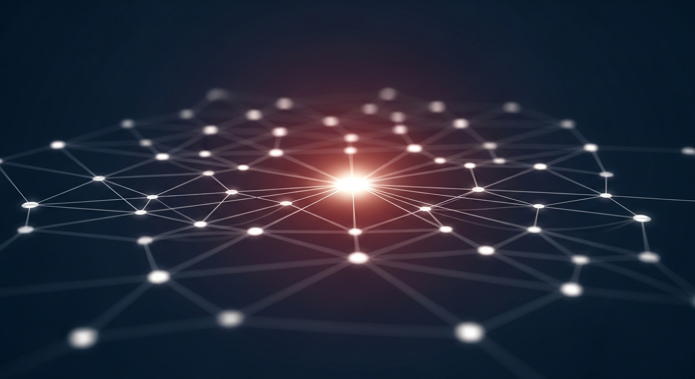 Abstract illustration showing a central business node connecting directly to an audience, symbolizing a newsletter as a credibility engine for direct communication.