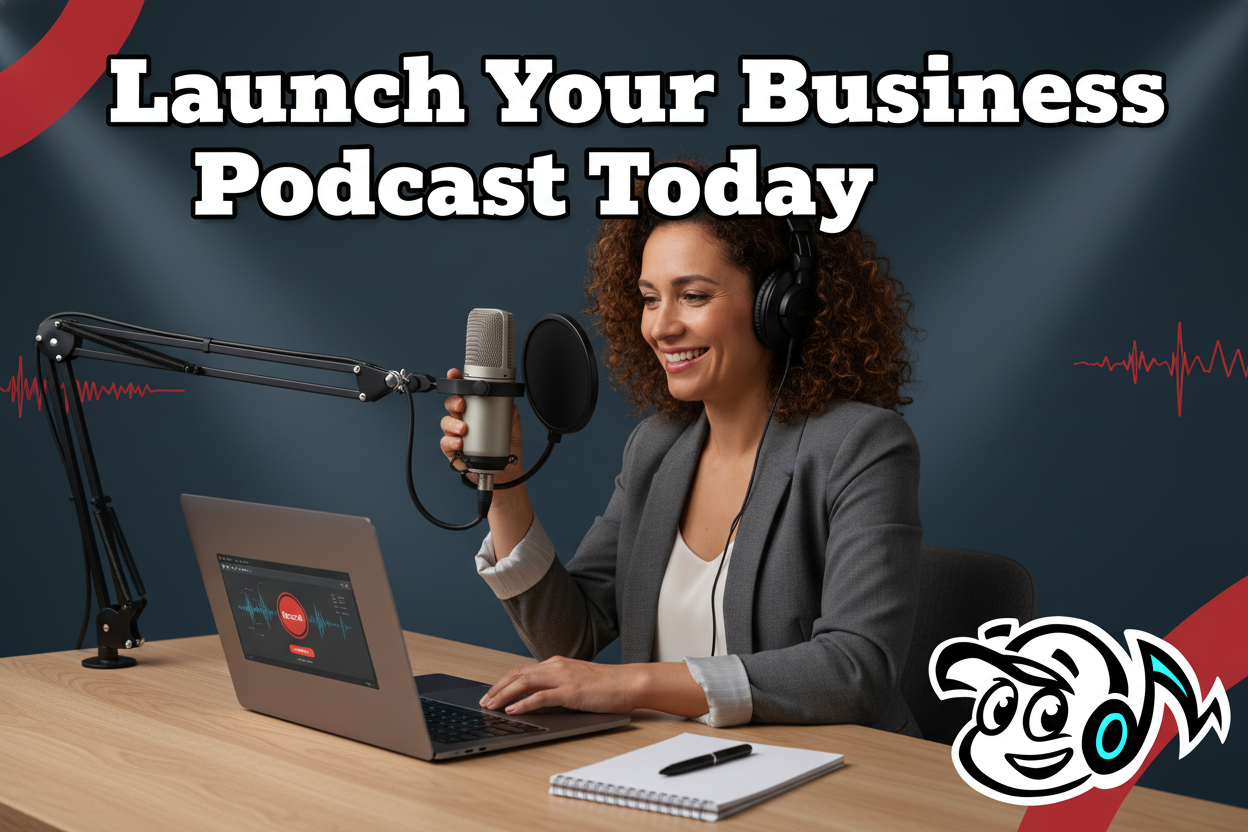A person recording a business podcast, with a microphone, headphones, and laptop, symbolizing a beginner's guide to podcasting for business growth.