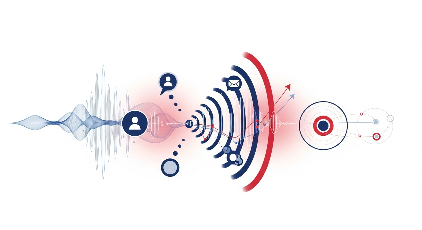 Conceptual illustration showing sound waves connecting to a network of ideas, symbolizing the power of podcasting for building credibility and thought leadership.