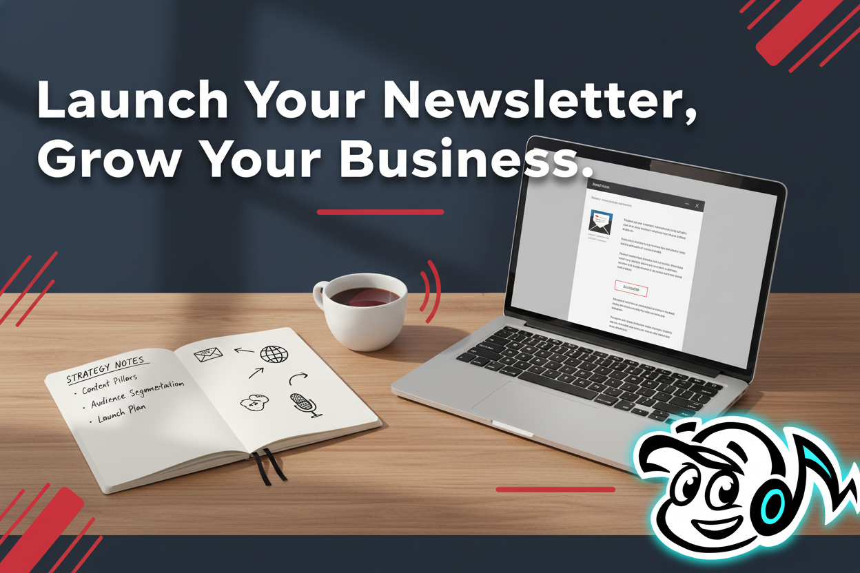 Laptop screen showing a newsletter editor, with a notepad and pen, symbolizing the strategic process of starting a business newsletter.