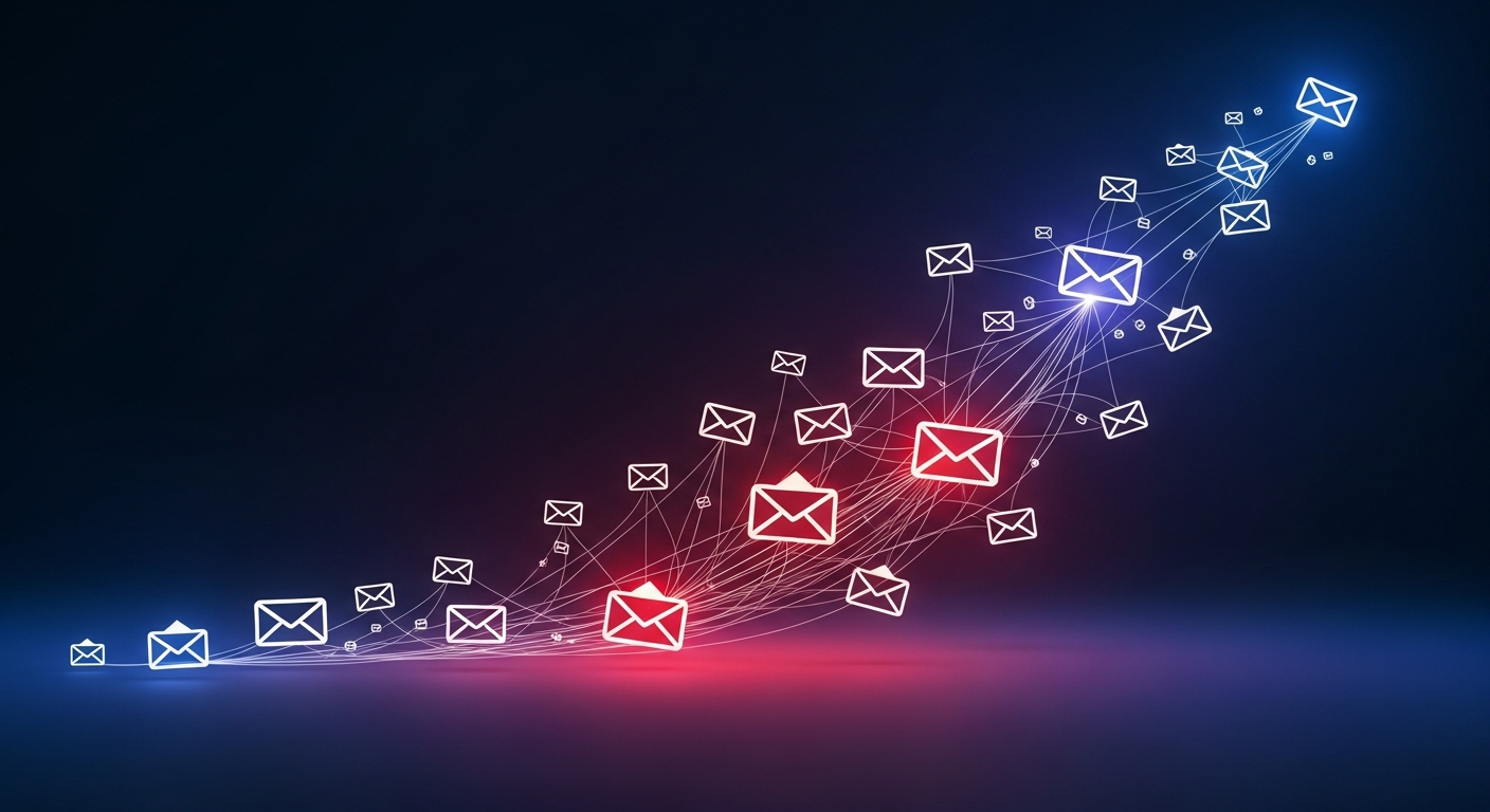 Visual representation of emails connecting, illustrating the growth of an email list and direct audience engagement.