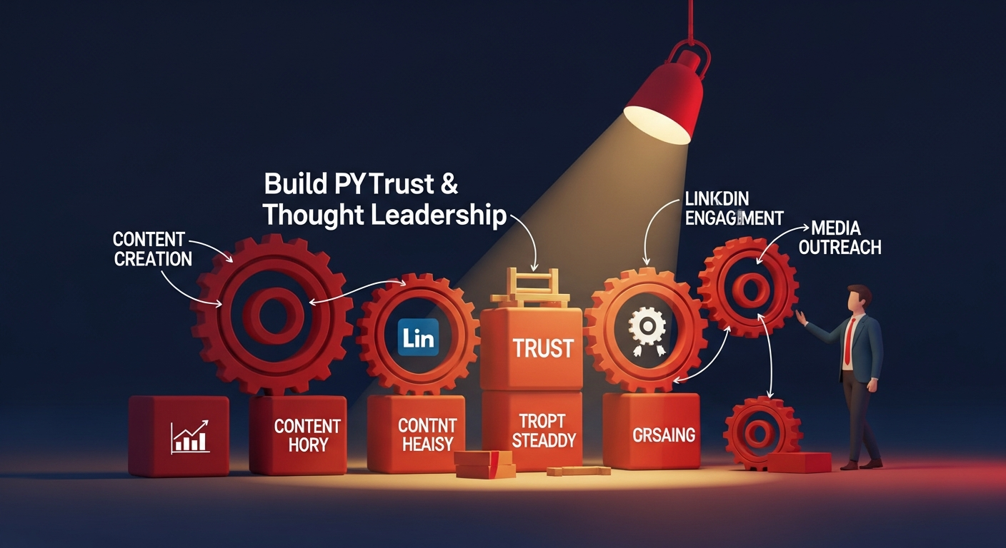 Interconnected gears and building blocks symbolizing various DIY PR strategies working together to build founder trust and thought leadership.