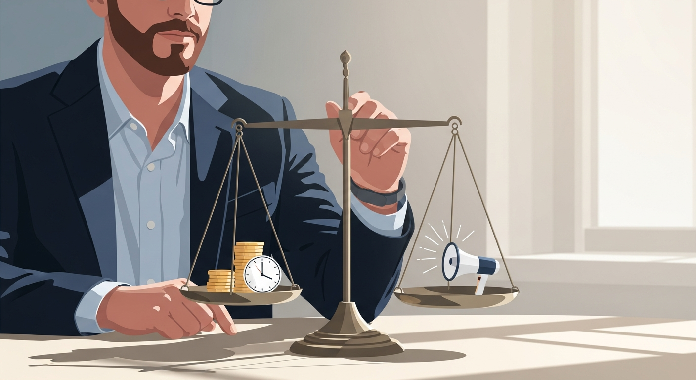 Conceptual image of a scale balancing budget, time, and reach, symbolizing the core dilemma of startup PR resource allocation.
