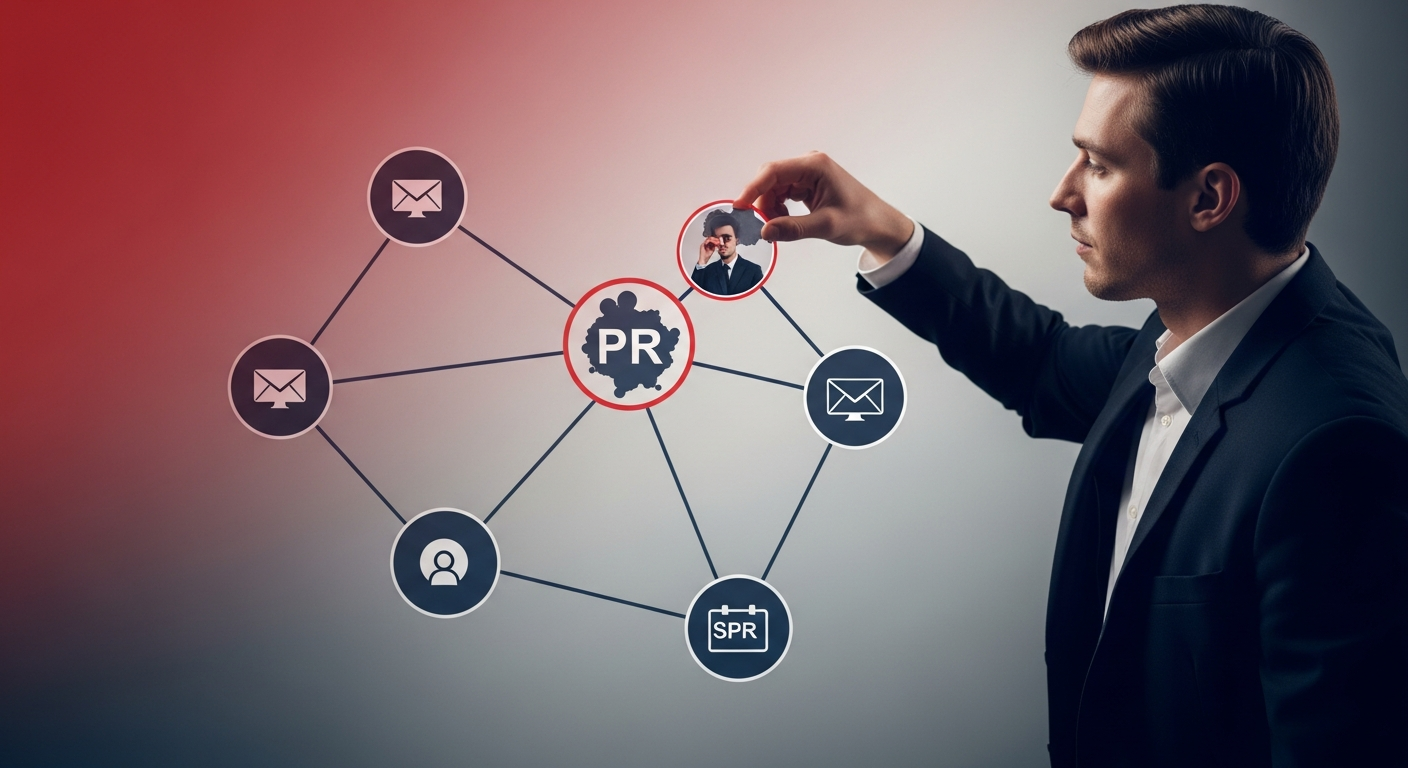Visualizing a strategic PR communication network for startups, illustrating how different channels connect to build brand relationships.