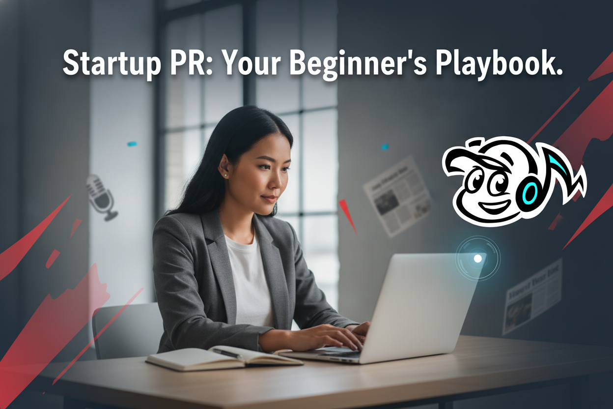 A startup founder strategically planning PR efforts on a laptop, symbolizing DIY PR and media outreach.
