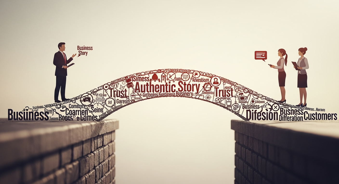 Conceptual image of a bridge made of words connecting a business to empathetic customers, illustrating authentic storytelling building trust and differentiation.
