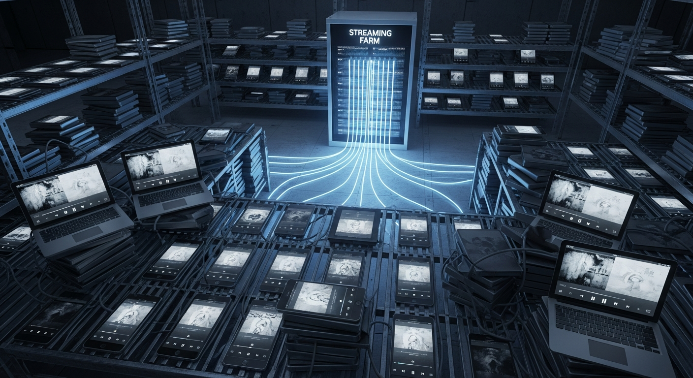 Illustration of a streaming farm generating fake streams