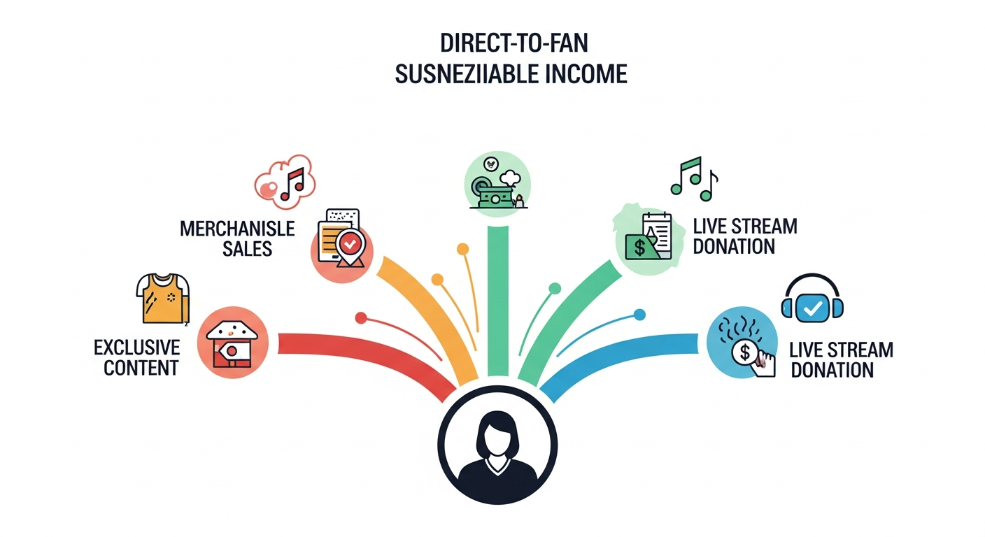 Visual representation of direct-to-fan monetization strategies for independent artists, showing various revenue streams.