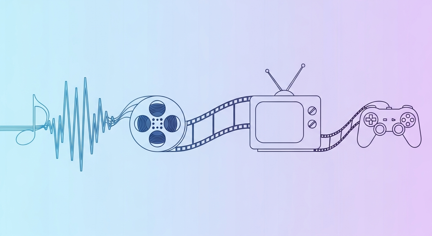 Visualizing music synchronization: a musical note flowing into film, TV, and video game icons.