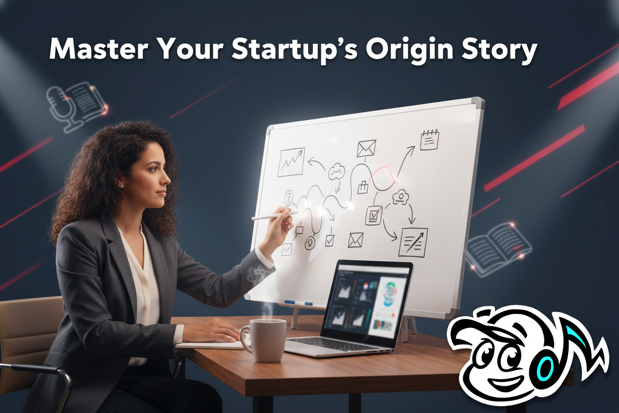 A founder mapping out their startup's origin story on a whiteboard, symbolizing the process of crafting a compelling narrative for PR and brand building.