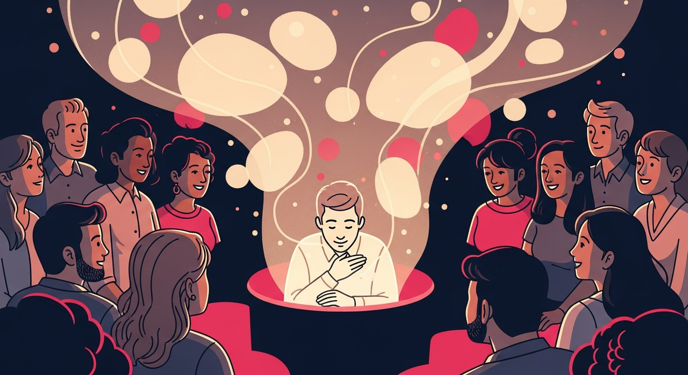An audience engaging emotionally with a compelling startup origin story being told by a founder, illustrating the power of narrative to connect and build trust.