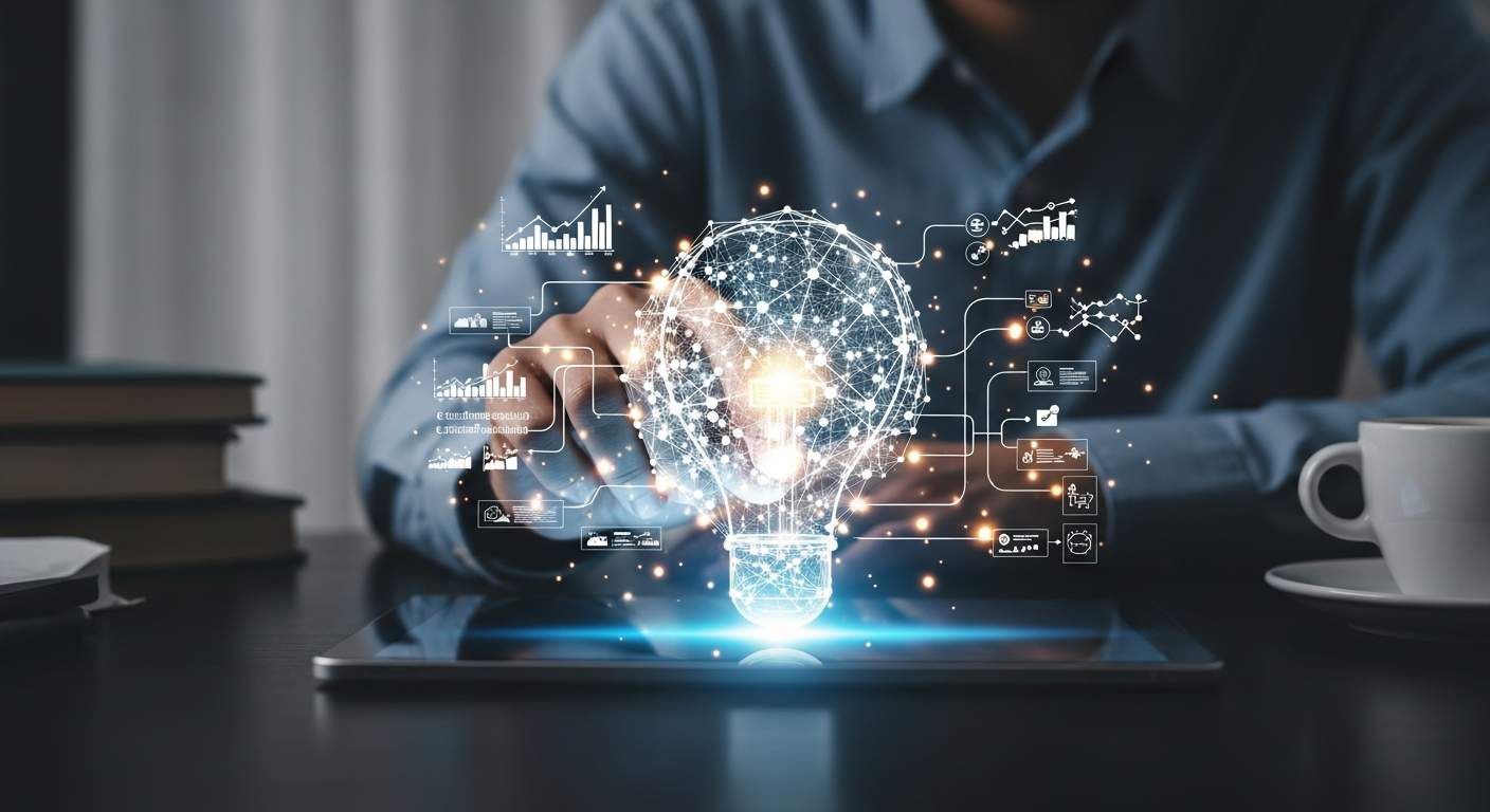 A hand interacting with a holographic display, meticulously building and connecting ideas, representing the cultivation of expertise and authority for a small business.