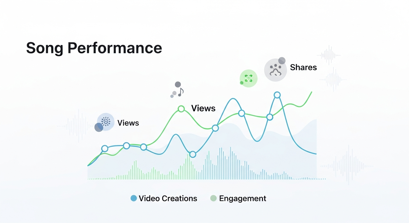 Graph showing TikTok song performance data, including video creations, shares, and views, for music promotion strategy.