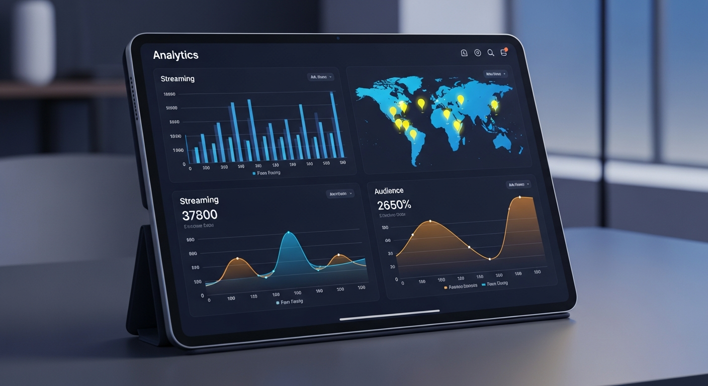 Digital dashboard displaying music streaming data, fan engagement metrics, and audience analytics for independent artists.