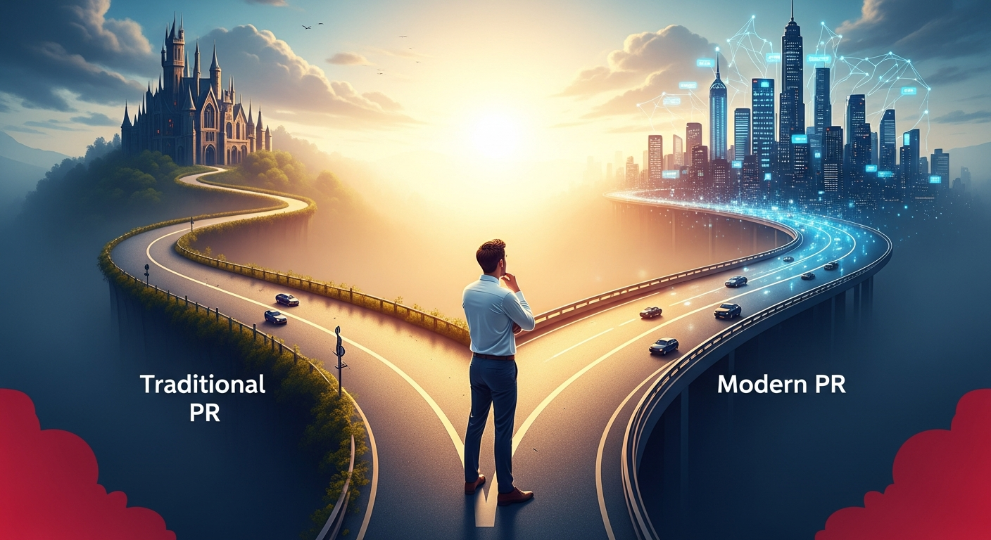 A startup founder contemplating two paths: one representing traditional PR and the other modern, digital PR, symbolizing strategic choices in media outreach.