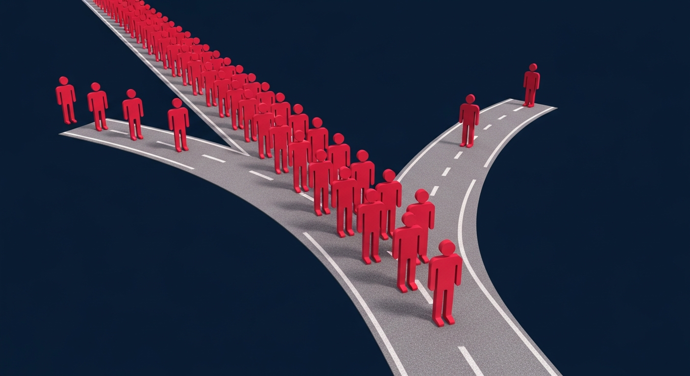 Illustration showing the contrast between a generic, crowded path and a unique, distinct path, representing the pitfalls of generic branding.