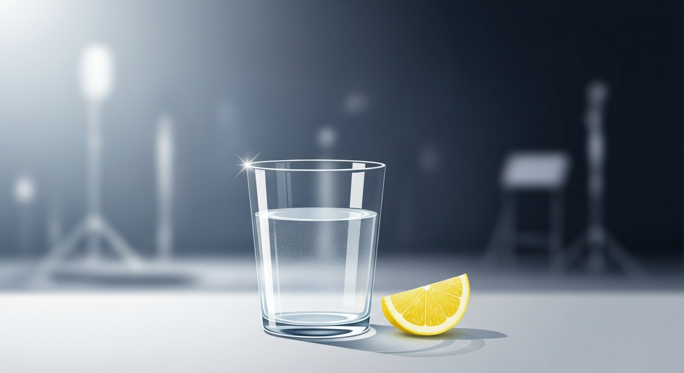 A glass of water and lemon slice, symbolizing essential hydration for vocal performance and vocal health tips for musicians.