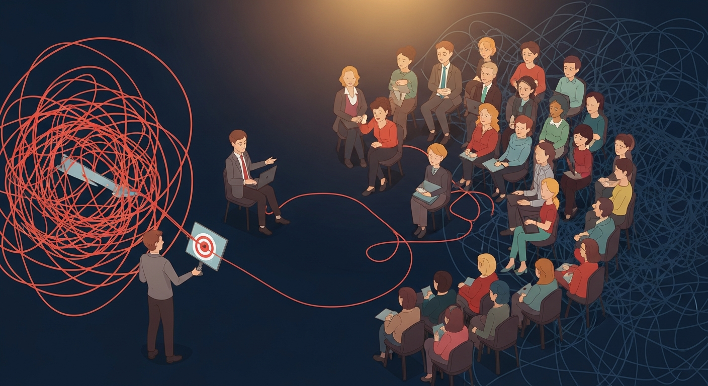 An illustration showing a clear story connecting a business owner to an audience, overcoming information overload.