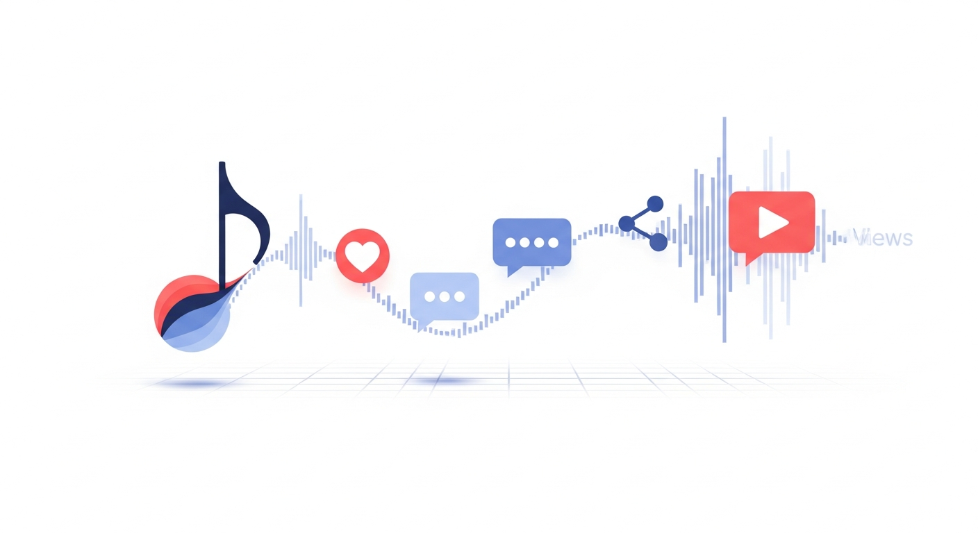 Abstract representation of music promotion data, showing YouTube fan engagement metrics like likes, comments, and shares for independent musician insights.