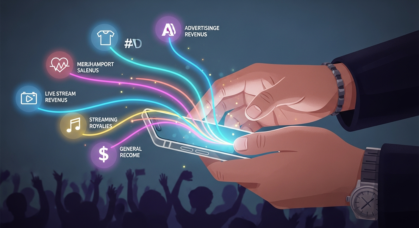 Illustration of diverse income streams for musicians on YouTube, including fan engagement and various revenue channels.