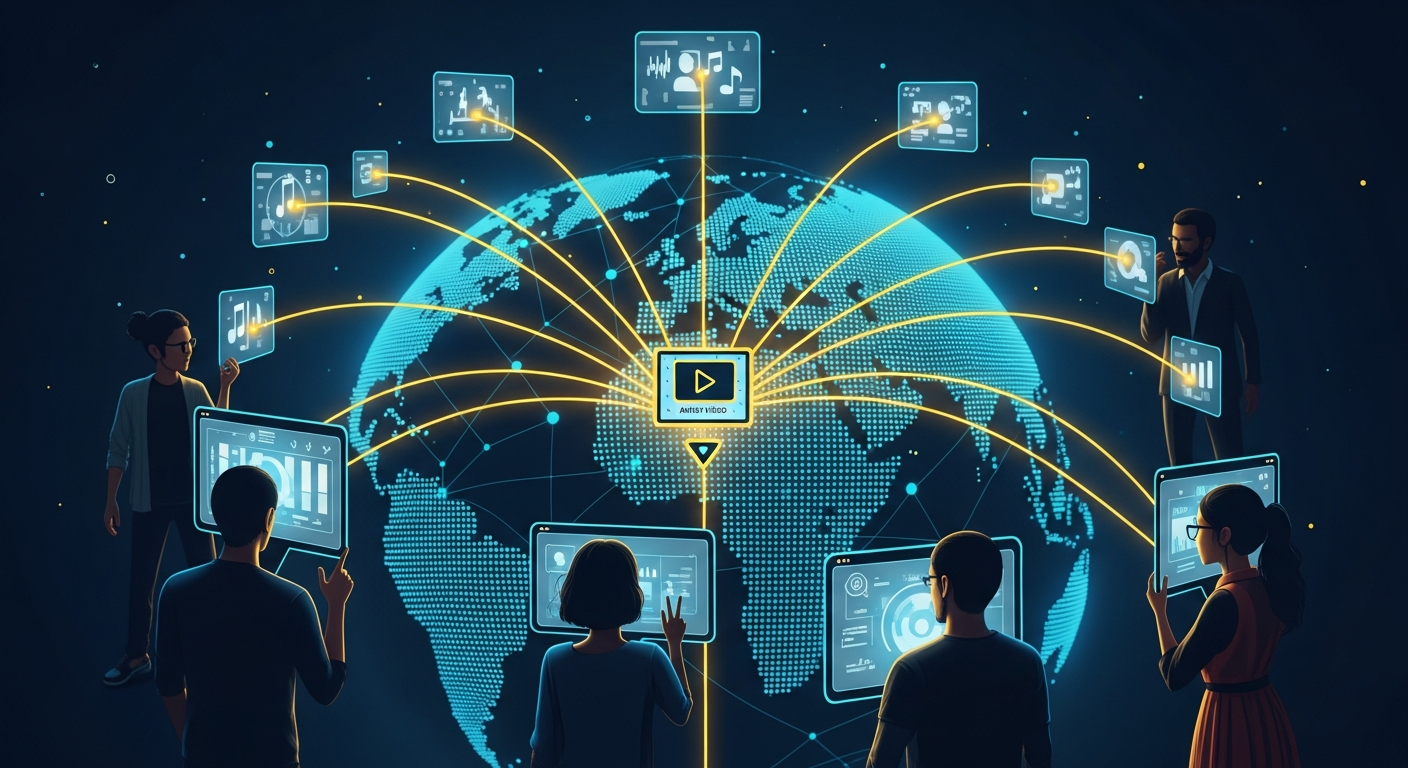 Visual representation of organic search and music video promotion, showing a global network of users discovering independent artist music videos on YouTube.