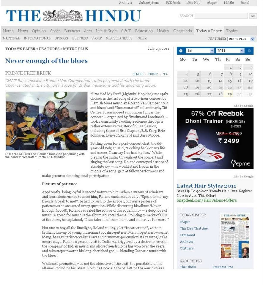 THE HINDU: The Hindu — July 2011 ("Never enough of the blues")